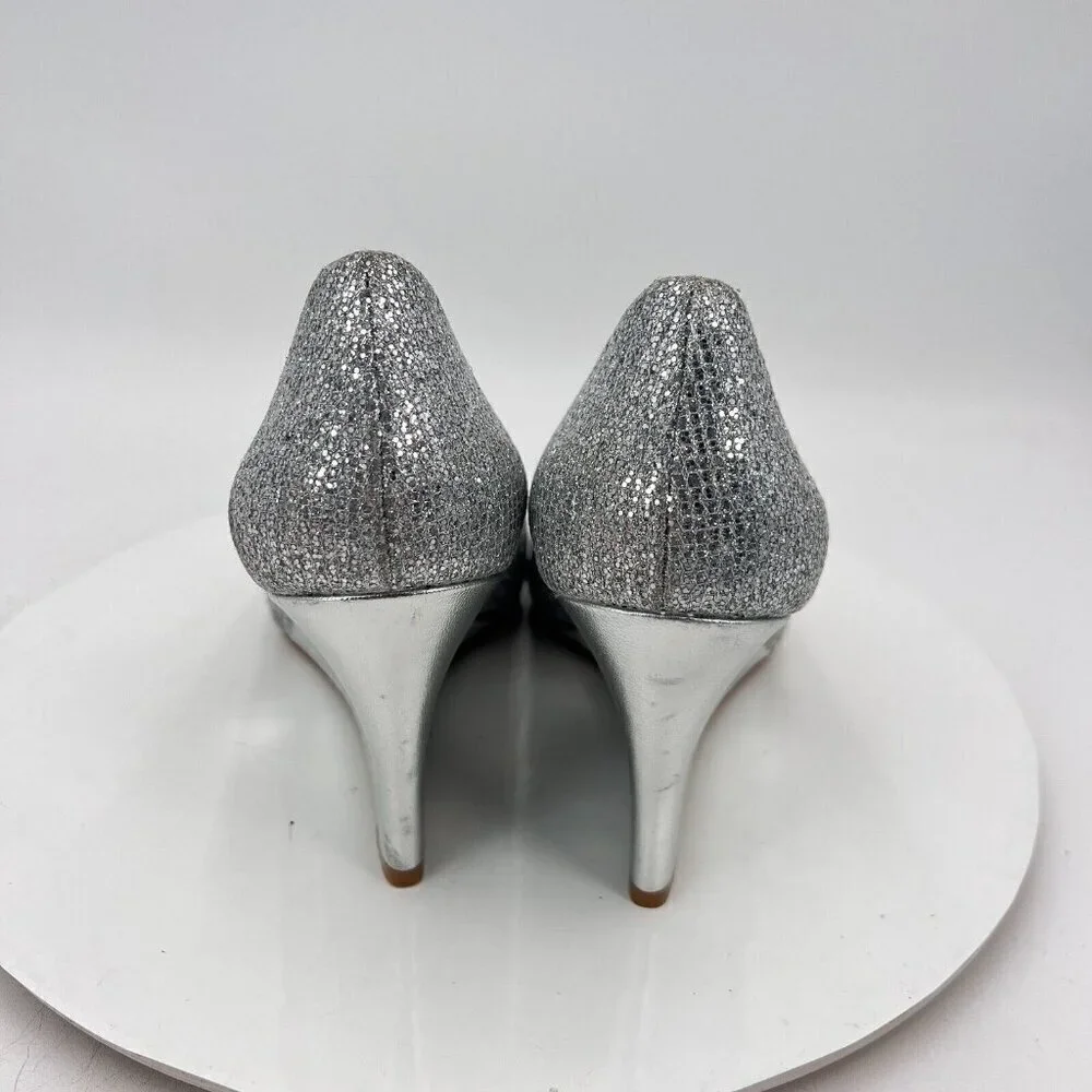 Badgley Mischka Women Size 9 Metallic Silver Glitter Open Toe Wedges Shoes